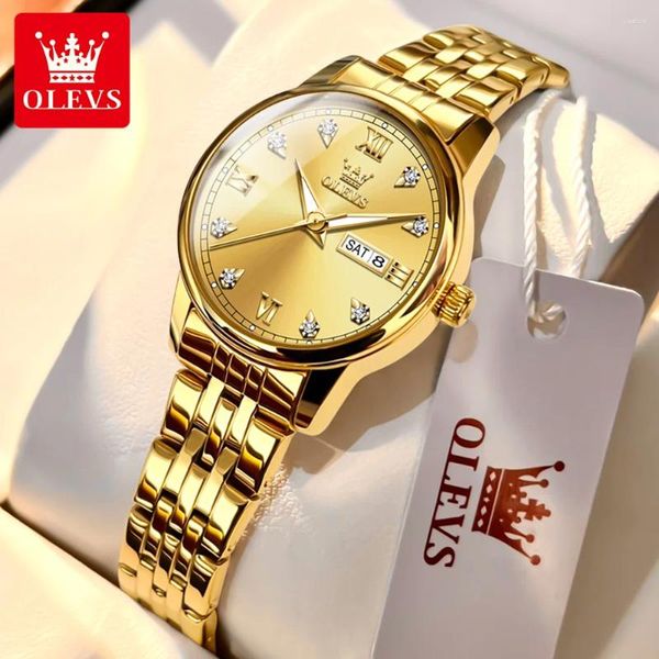 Montre-bracelets Luxury Golden en acier inoxydable Femmes Watch Diamond Calendrier 30m Résistance à l'eau Luminus Ladies Quartz