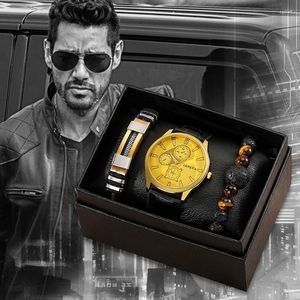Relojes de pulsera de lujo reloj dorado pulsera conjunto de regalo hombres cuarzo moda negocios hombres pulsera para marido relojes de pulsera