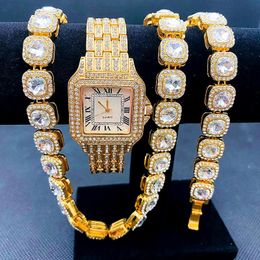 Horloges Luxe Iced Out Horloges Voor Vrouwen Vierkante Gouden Horloge Sliver Schakelkettingen Armband Ketting Bling Sieraden Set Relojes