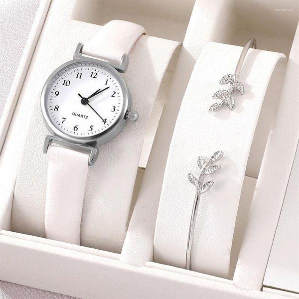 Relojes de pulsera de lujo para mujer, reloj de pulsera de cuarzo, conjunto de mujer, esfera blanca, cuero Simple, Montre Femme
