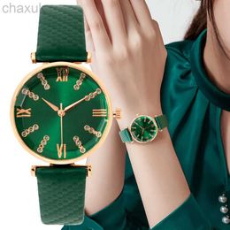 Montre-bracelets Luxury Mesualités Brand Diamond Roman Design Lady Watchs Habillez Quartz Watch Fashion Green Leather Strap Women D240417