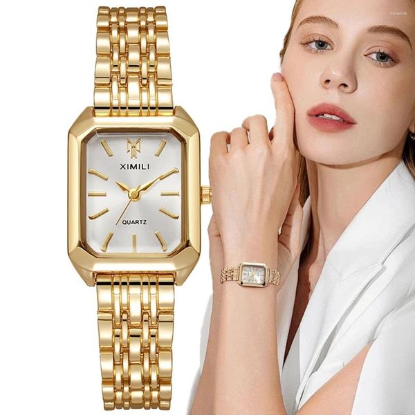 Relojes de pulsera Reloj de cuarzo de moda para mujer de lujo Escala simple Cuadrado Calidad Chapado en oro Relojes para mujer Reloj plegable de acero inoxidable de negocios