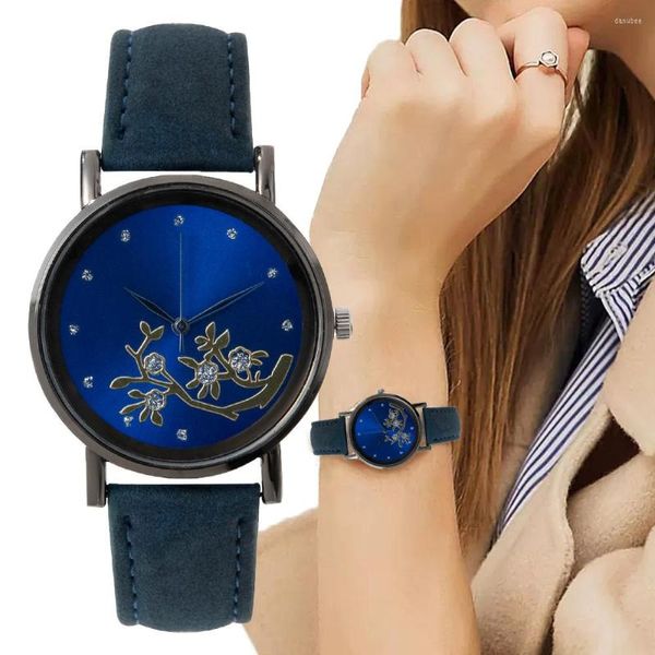 Relojes de pulsera de lujo para mujer, reloj de cuarzo Simple con diamantes de vid de árbol, correa de cuero azul del tesoro a la moda, reloj de vestir para mujer, regalo