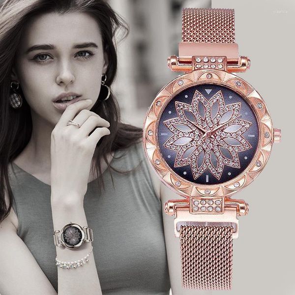 Montre-bracelets Luxury Match Ladies Watch en quartz en acier inoxydable Montres de poignet pour femmes Magnétique Starry Sky Diamond Clock