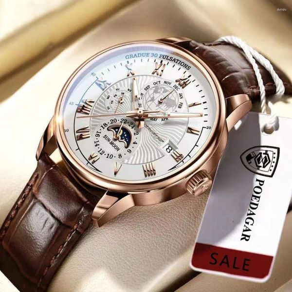 Montre-bracelets Luxury Man Watch Immasproof Chronograph Moon Phase Pattern Luminal Men's Wristwatch Leather Men Quartz Montres décontractées