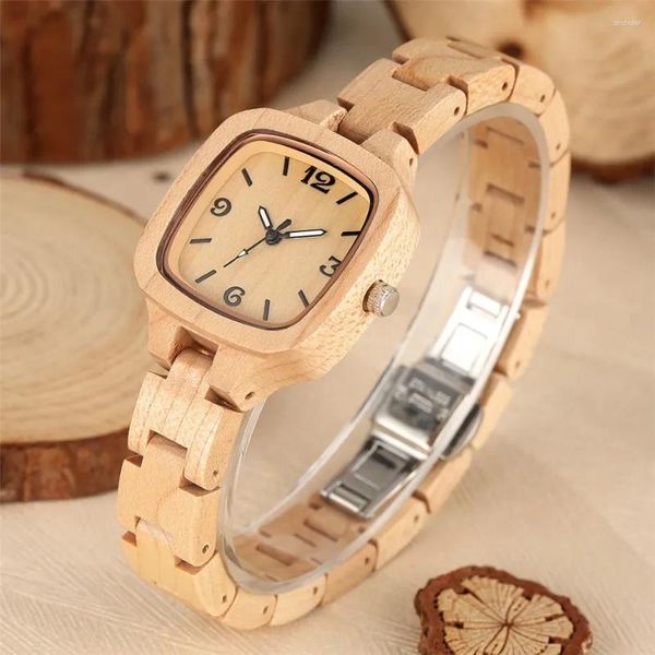 Relojes de pulsera Reloj de madera de arce de lujo para mujer, esfera cuadrada, brazalete de madera completo, relojes de pulsera, reloj creativo, regalos para novia/esposa