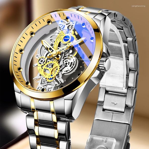 Muñecos de pulsera Skeleton para hombres de lujo reloj luminoso transparente relojes de cuero automático hombres huecos de cuarzo de pulsera Relogio