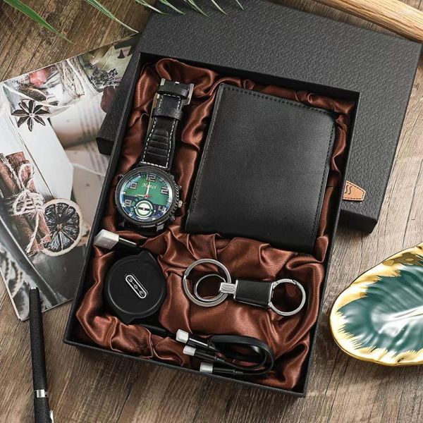 Relojes de pulsera de lujo para hombre, conjunto de reloj de moda para hombre, Quatrz, reloj de pulsera deportivo, billetera plegable de cuero, llavero con Cable USB, regalo para hombre