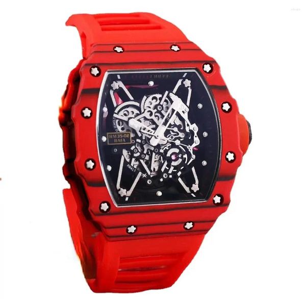 Montre-bracelets Luxury Men Automatique mécanique Watch Black Rubber Skeleton Red Carbon Fibre Sport Watches