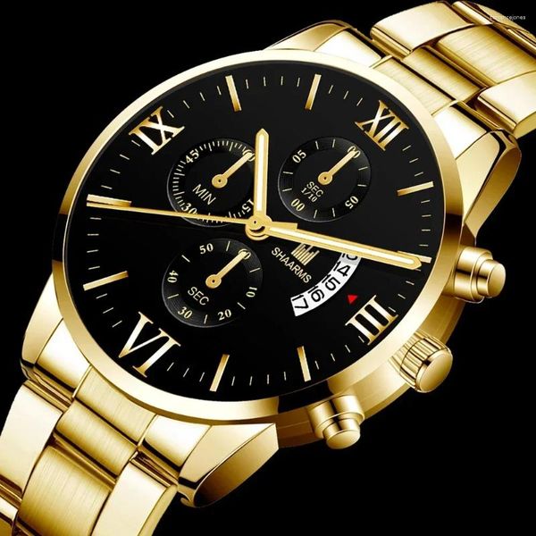 Montre-bracelets Luxury Luxury Men's Militzarz Watch en acier inoxydable Gold Black Calendar Date Horloge masculine Relogio