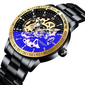 Montre-bracelets Luxury Men's Skeleton Automatic Watchs Black en acier inoxydable Men mécanique Sport montre imperméable Horloge masculine Relogi 228r