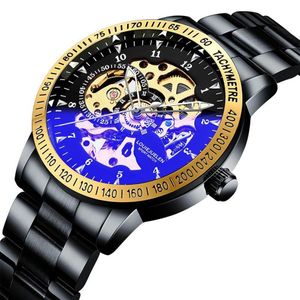 Horloges Luxe Heren Skeleton Automatische Horloges Zwart Roestvrij Staal Heren Mechanisch Sporthorloge Waterdicht Mannelijke Klok R243M