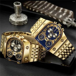 Relojes de pulsera Tira de acero para hombres de lujo Reloj de oro ahuecado Zona horaria múltiple Caja de embalaje luminosa con esfera grande para hombres