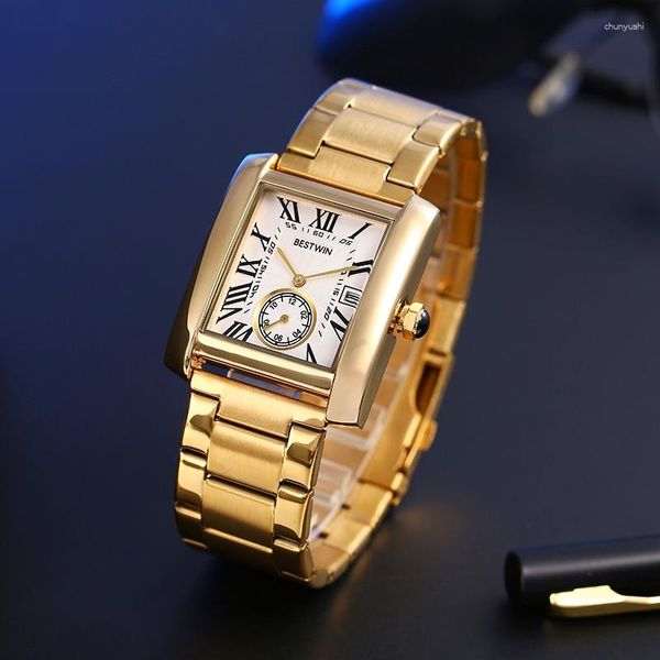 Relojes de pulsera Reloj para hombre de lujo Oro Blanco Romano Cuarzo digital Correa de metal Rectángulo Clásico Marca Reloj de negocios