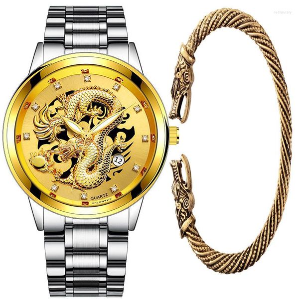 Montres-bracelets de luxe montre pour hommes haut de gamme or Dragon Bracelet ensemble mâle étudiant Quartz Style chinois Reloj Lujo Hombre