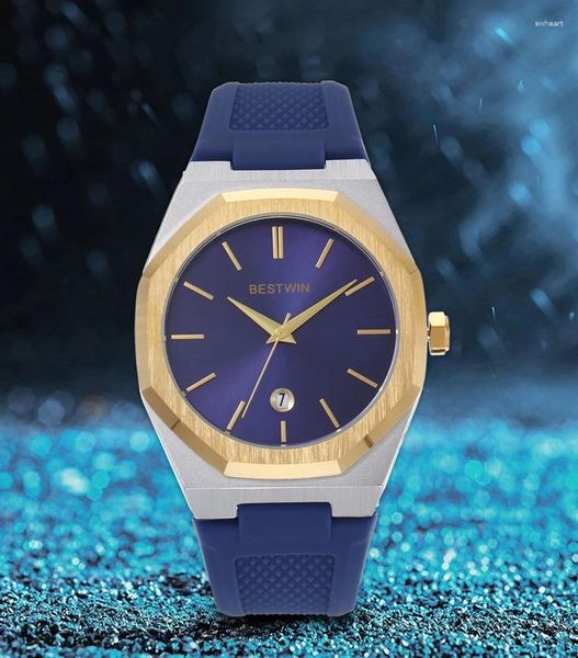 Relojes de pulsera Reloj de lujo para hombre, Reloj deportivo informal de cuarzo, Reloj de pulsera clásico de marca astilla de caucho azul, Reloj de silicona con calendario, Reloj dorado Simple