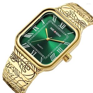 Relojes de pulsera Reloj de lujo para hombre, esfera verde dorada, Reloj de pulsera de cuarzo para hombre, banda grabada con láser, Reloj masculino, números romanos rectangulares, Reloj para hombre