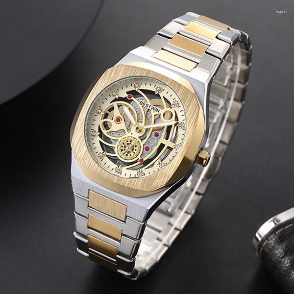 Relojes de pulsera Reloj de lujo para hombre Reloj de pulsera de cuarzo hueco Steampunk para hombre Marca clásica Esqueleto Caja de oro Relojes Hombre de negocios Reloj de diamantes