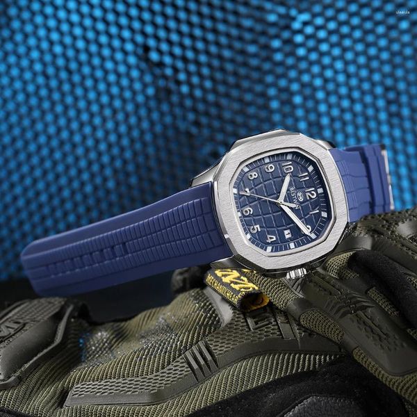 Relojes de pulsera Reloj de lujo para hombre Caja cuadrada Reloj de pulsera deportivo de cuarzo para hombre Correa de caucho azul Relojes de silicona Hombre de negocios Acero inoxidable