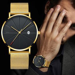 Montres-bracelets de luxe pour hommes, Ultra minces, en acier inoxydable, Quartz doré, Horloge Mannen Relogio Masculino
