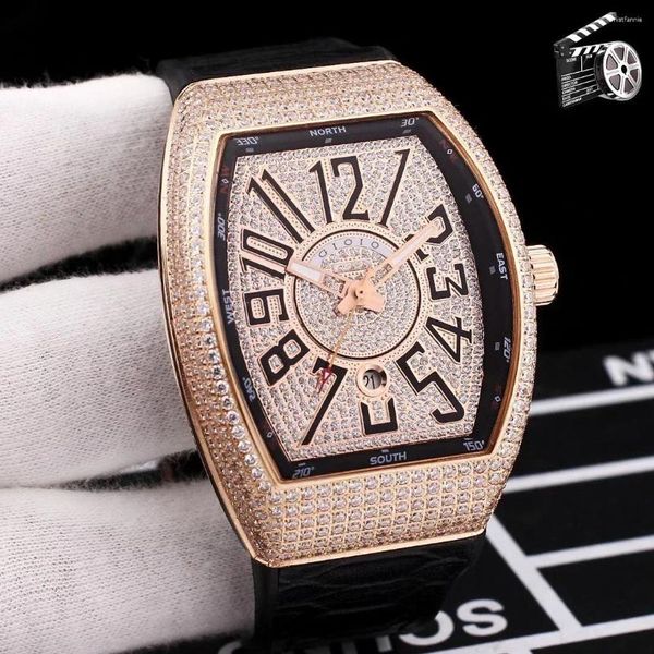 Montre-bracelets Luxury Mens Automatic Mechanical Watch Rose Gold Iced Diamants Black Rubber Cuir Sport Watches