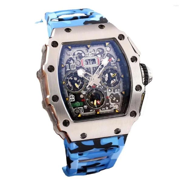 Montre-bracelets Luxury Mens Automatic Mécanical Watch Skeleton en acier inoxydable Squelette rouge bleu gris Camouflage Rubber