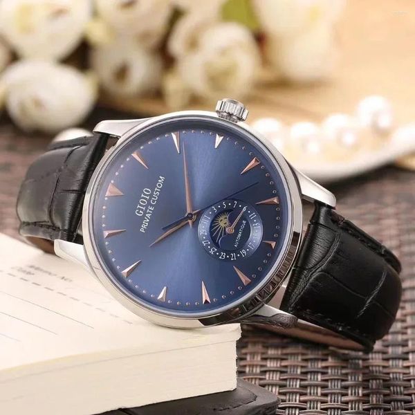 Montre-bracelets Luxury Mens Automatic Watch Mécanique Self Wind Watchs en acier inoxydable Silver Rose Gol Moon Phase Black Blue Leather