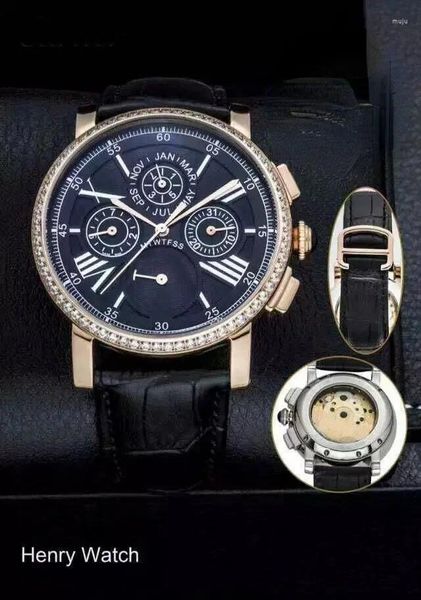 Montre-bracelets Luxury Mens Watch Mécanique Rose Gold Automatic Dual Time Blue Leather Diamond Sport Watches