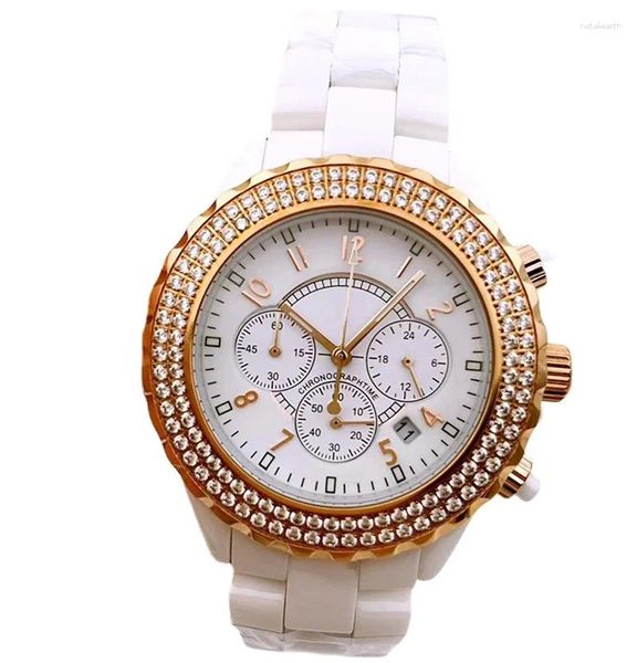 Relojes de pulsera Reloj cronógrafo de cuarzo para hombre de lujo Cerámica 2 filas Diamante Negro Blanco Rosa Oro Deporte Relojes de moda Zafiro