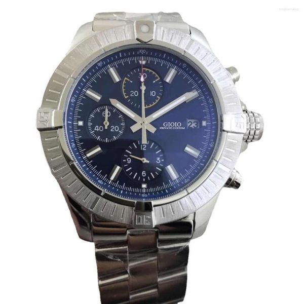 Montres-bracelets de luxe pour hommes, chronographe à quartz, en acier inoxydable, lunette rotative, cadran bleu noir