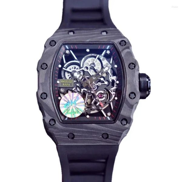 Relojes de pulsera para hombres de lujo reloj automático mecánico auto viento vidrio espalda de fibra de carbono correa de goma roja negra