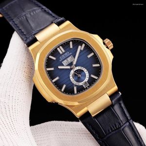 Montre-bracelets Luxury Mens Watch Rose Gold mécanique mécanique automatique Black Blue Leather Moon Phase Calendar Sport Watches