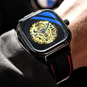 Polshorloges luxe mgorkina 3D logo holle vierkante wijzerplaat skelet heren automatische mechanische horloges siliconen band mannelijke relogio masculinowris