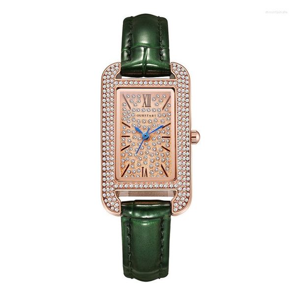 Relojes de pulsera Rectángulo de lujo Reloj de mujer con diamantes de imitación completo Reloj impermeable con esfera romana Banda de cuero para mujer Montre Femme Relogio