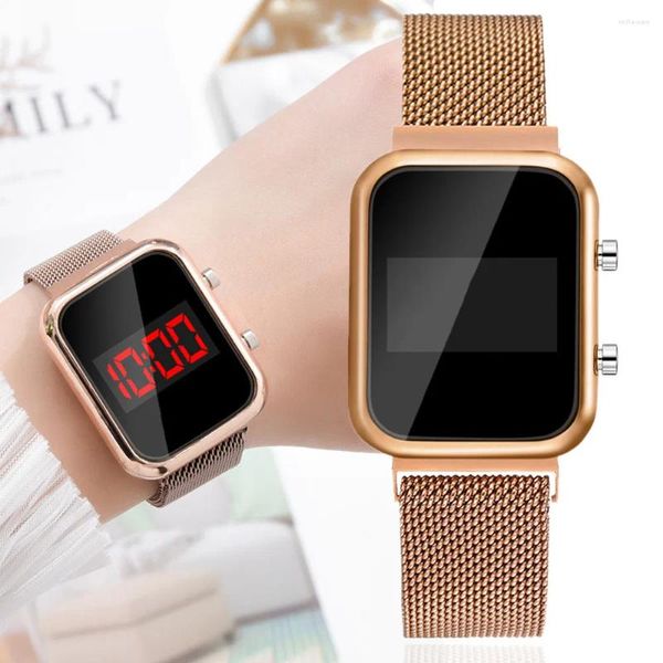 Muñecos de pulsera Reloj digital de relojes de agua de acero inoxidable de oro rosa de lujo Relojes digitales para mujeres LED Relogio Relogio Feminino