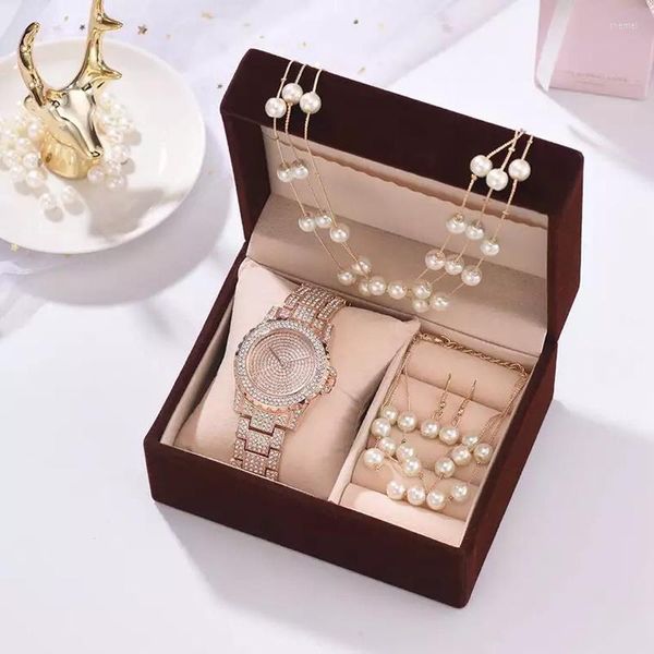 Montres-bracelets De Luxe Or Rose Montres Ensemble Femmes Diamant Strass Quartz Montre Perle Collier Bracelet Boucles D'oreilles Cadeaux Ensembles Pour