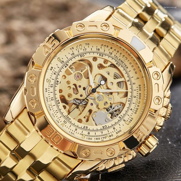 Montres-bracelets de luxe Silver Gold Montre mécanique automatique pour hommes Full Steel Skeleton Montre-bracelet Horloge surdimensionnée Big Dial Relogio