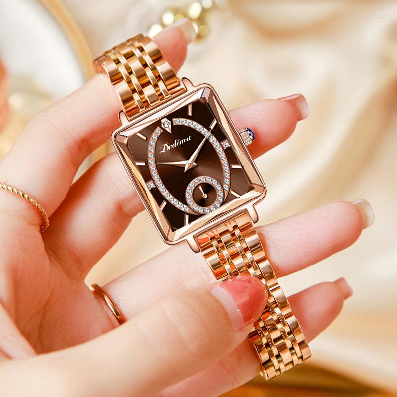 Relojes de pulsera Luxury Square Women's Rose Gold Diamond Watch Acero inoxidable resistente al agua cuarzo Ladies