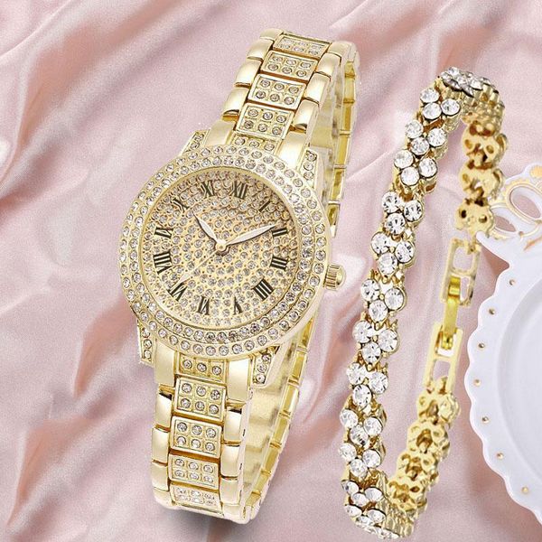 Relojes de pulsera de lujo con cielo estrellado y diamantes para mujer, relojes de pulsera dorados para mujer, pulsera de mujer con diamantes de imitación, reloj femenino