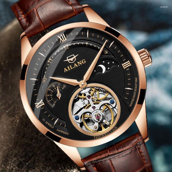 Relojes de pulsera Reloj mecánico de fase de sol y luna de lujo para hombres Esqueleto Tourbillon Relojes para hombre Impermeable Oro rosa Relogio Masculino 2023