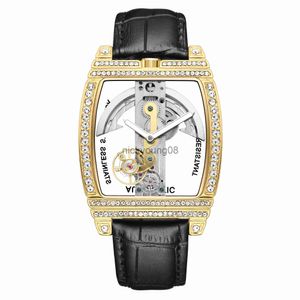 Horloges Luxe Tonneau Mechanisch voor de mens Automatische zelfopwindende bling Volledige diamanten kast Skeleton Transparante wijzerplaat Cadeau voor de mens 0703