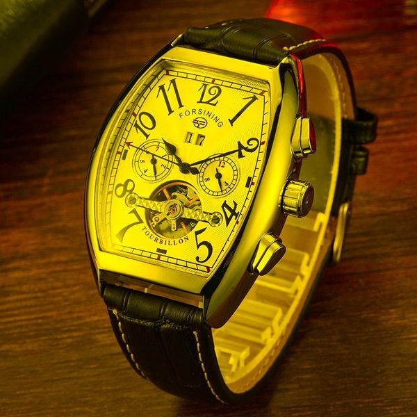 Relojes de pulsera de lujo Tonneau, reloj mecánico para hombre, esqueleto, fecha automática, diseño de esfera, cronógrafo, correa de cuero, reloj de negocios