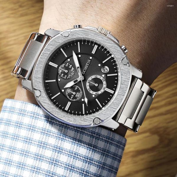 Montres-bracelets de luxe pour hommes, 6 aiguilles, horloge à Quartz, décontractée, Business, argent, acier inoxydable