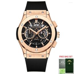 Polshorloges luxe horloges voor mannen chronograaf skelet automatisch zie door rose goud titanium stijl rubberen kwarts reloj hombre baratos