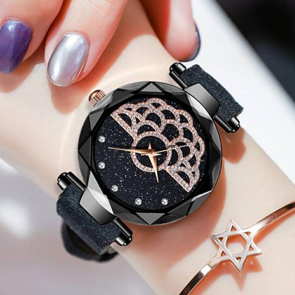 Relojes de pulsera de lujo para mujer, reloj de pulsera de oro rosa con cielo estrellado para mujer, reloj femenino con imán poligonal, reloj femenino de marca 2021