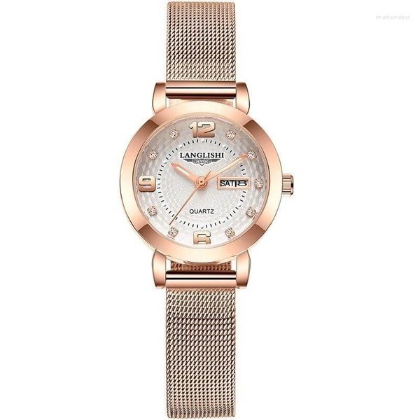 Relojes de pulsera de lujo a prueba de agua, relojes de cuarzo para mujer, cinturón de malla de corona exquisita a la moda, calendario automático luminoso para fiesta de ocio brillante