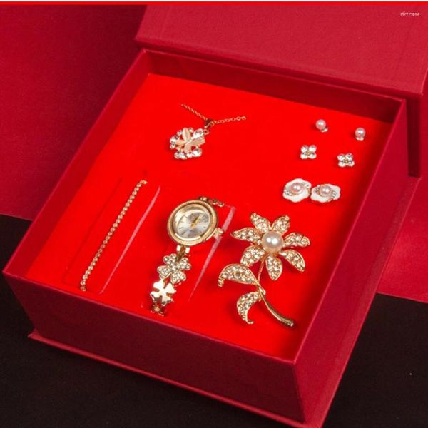 Montres-bracelets de luxe femmes bracelet montre bracelet à quartz doré avec collier boucles d'oreilles broche bijoux 7pcs ensembles cadeau accessoires boîte