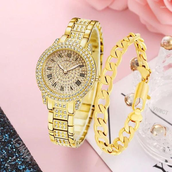 Relojes de pulsera Mujeres de lujo Reloj de diamantes Pulsera de cadena Damas Cuarzo Oro Roma para reloj de pulsera Cristal brillante