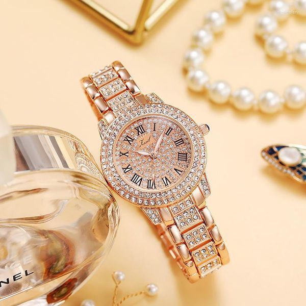 Relojes de pulsera de lujo para mujer, relojes de diamantes, reloj de diamantes de imitación de oro rosa, reloj elegante de moda para mujer, reloj femenino de cuarzo