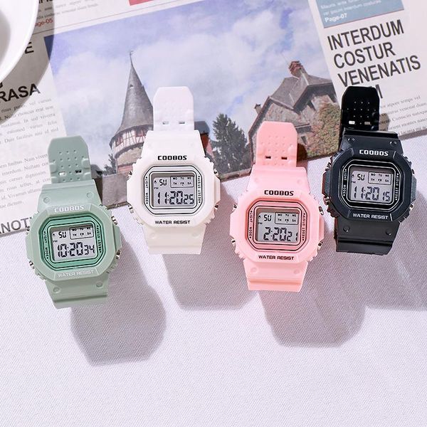 Relojes de pulsera de lujo para mujer, reloj rosa Digital, relojes multifunción a prueba de agua, relojes deportivos rectangulares para niños Unisex, relojes de pulsera